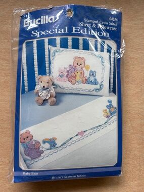 Bucilla Special Edition Sheet & Pillowcase Cross Stitch #64258 Baby Bear Theme